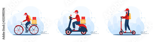 Online delivery service concept home and office. Scooter with fast courier. Shipping restaurant food, mail and packages. Modern vector illustration in flat cartoon style.