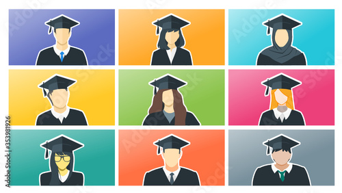 Graduation Avatar of College University or Senior High School Student. Class of 2020 Boy & Girl in Graduation Gown and Hat for Online Virtual Commencement Ceremony during Covid-19 Pandemic.