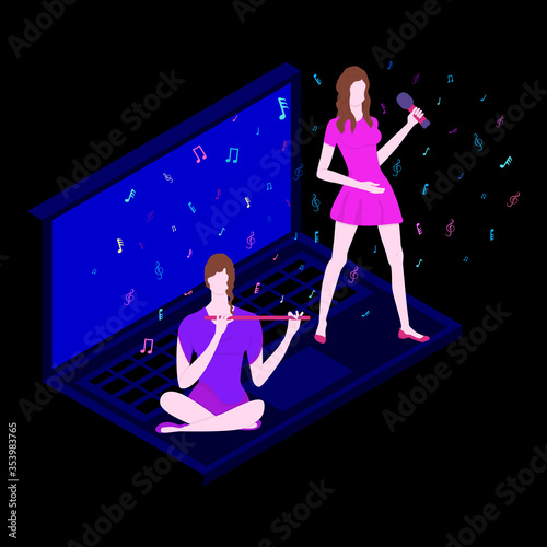Night musical duet at home on a laptop. Singer with a microphone sings and girlfriend plays the flute. Beautiful young women rehearsing song and melody. Flying notes and treble clef. Musical vector.