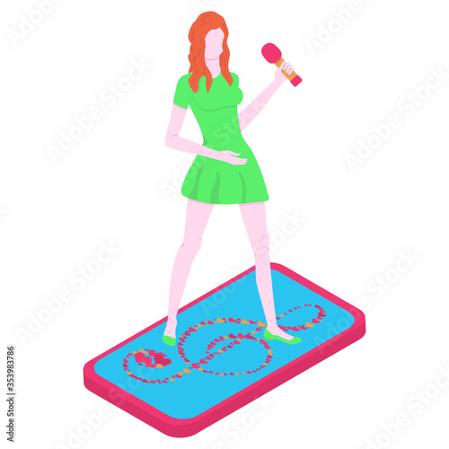 Young singer in a green short dress stands on a touchscreen mobile phone with a treble clef from hearts. Pop singer performs a song online. Vector cartoon illustration isolated on white background.