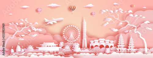 Travel Asia landmarks of Taiwan with airplane, sailboat and balloons.