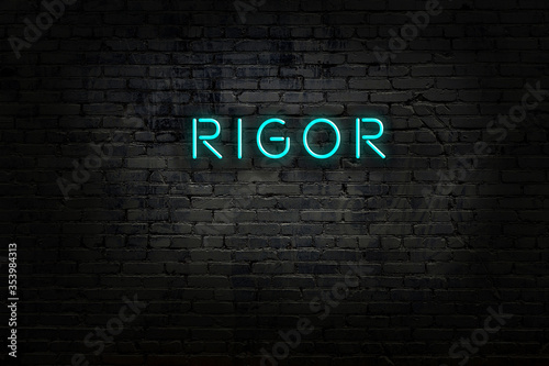 Obraz na plátně Neon sign with inscription rigor against brick wall