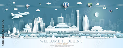 Travel Asia landmarks of Beijing with airplane, sailboat and balloons.