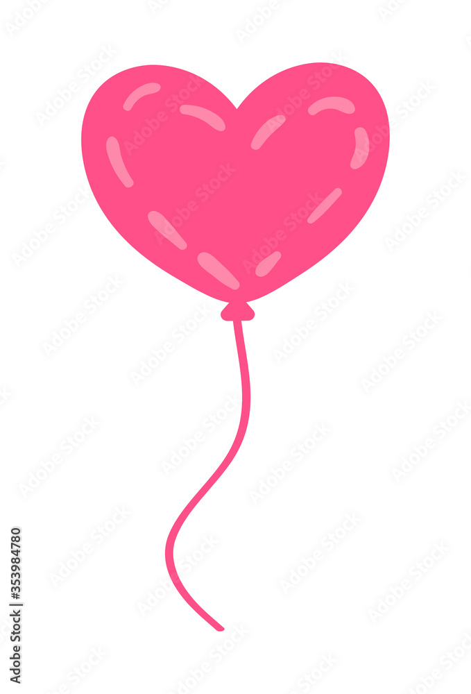 Vector childrens heart-shaped balloon in flat style. Pink balloon with hearts and stars. Birthday, decoration and greeting card design, party poster, clip art isolated on a white background.