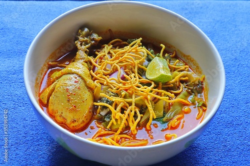 Khao Soi Recipe, Northern Style Curried Noodle Soup with Chicken, Local food of the north in Thailand. 