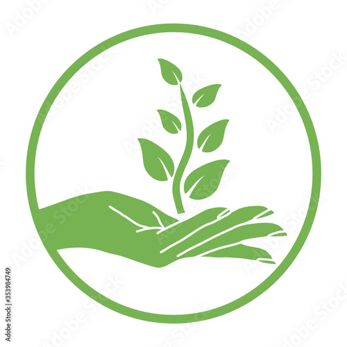 Elegant hand with green plant and leaf. Agricultural organic and natural products sign. healthy lifestyle concept. Sprout or new life logotype.  