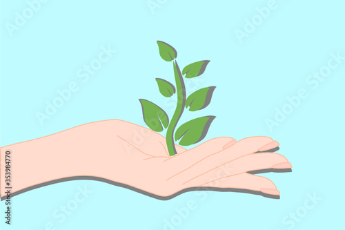 Elegant hand with green plant and leaf. Agricultural organic and natural products sign. healthy lifestyle concept. Sprout or new life logotype.  