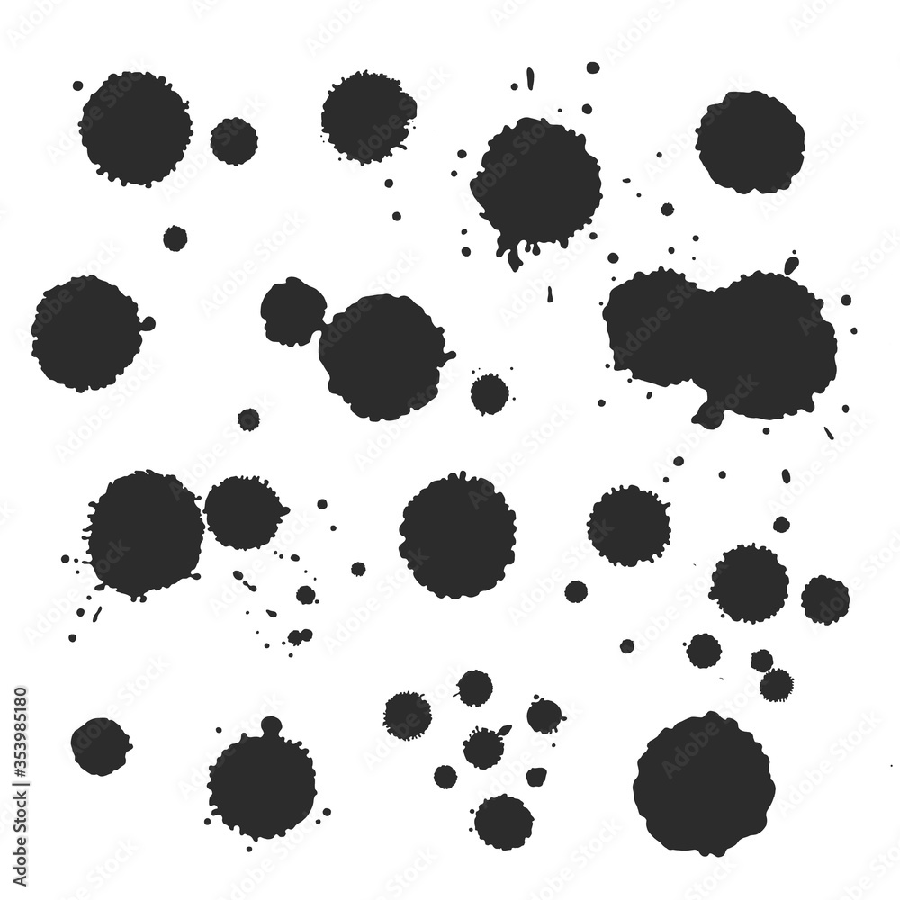 Vector black and white ink splash, paint blot drip splotch brush stroke, spot, spray, smudge, Vector drip, drop, ink blob brush, paint spot, spray Grunge textured elements for design, background. Vector black and white ink splash, paint blot drip splotch brush stroke, spot, spray, smudge, Vector drip, drop, ink blob brush, paint spot, spray Grunge textured elements for design, background.