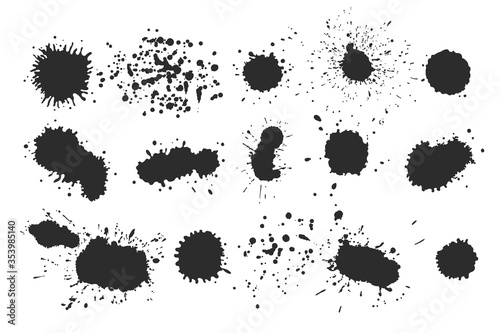 Vector black and white ink splash, blot and brush stroke, spot, spray, smudge, spatter, splatter, drip, drop, ink blob brush, paint spot, spray, smudge Grunge textured elements for design, background.