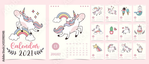 Doodle pastel calendar set 2021 with unicorn,rainbow,ice cream for children.Can be used for printable graphic