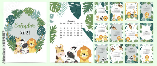 Photography Doodle safari calendar set 2021 with lion, giraffe,zebra,monkey,palm for business