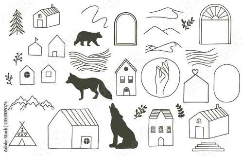 Black doodle obect with house,wild,mountain,window,tree,circle illustration for icon,logo,tattoo,accessories and interior