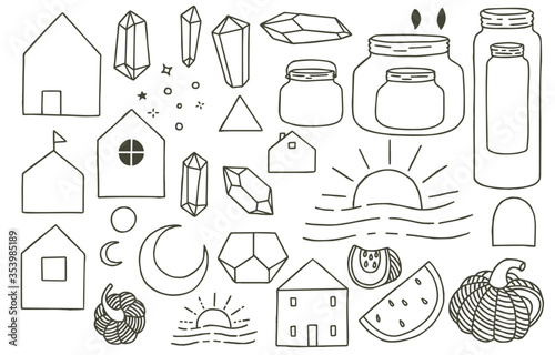 Black doodle obect with house,jar,fruit,moon,sun,crystal.Vector illustration for icon,logo,tattoo,accessories and interior