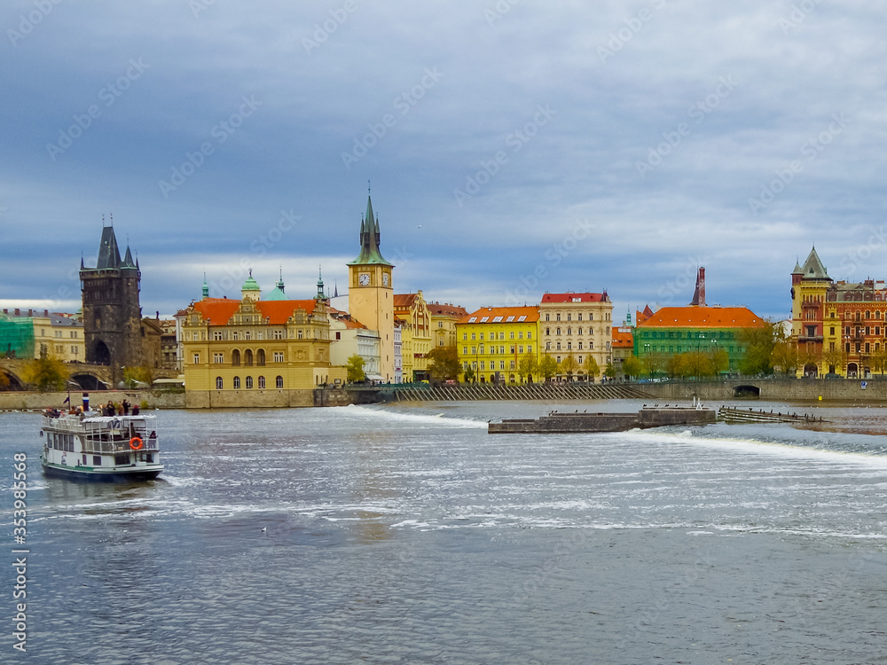 Autumn panorama with Vltava River and Prague Castle, Central Europe, Czech Republic, copy space for text, copy space