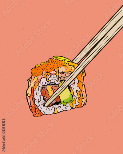 Holding chopsticks and sushi roll, hand draw sketch vector