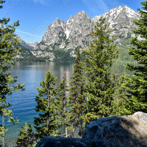 Jenny Lake with Pine Trees and Mountains, Grand Teton National Park, Wyoming