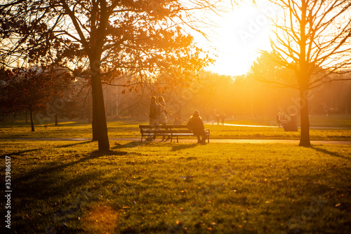 Sitting on the park bench at sunset 01