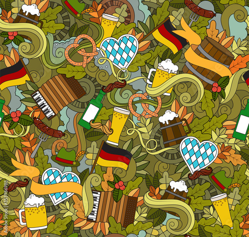 Oktoberfest Cartoon vector hand-drawn Doodle seamless on the subject of beer fest autumn symbols, food and drinks seamless pattern. Color background doodle poster