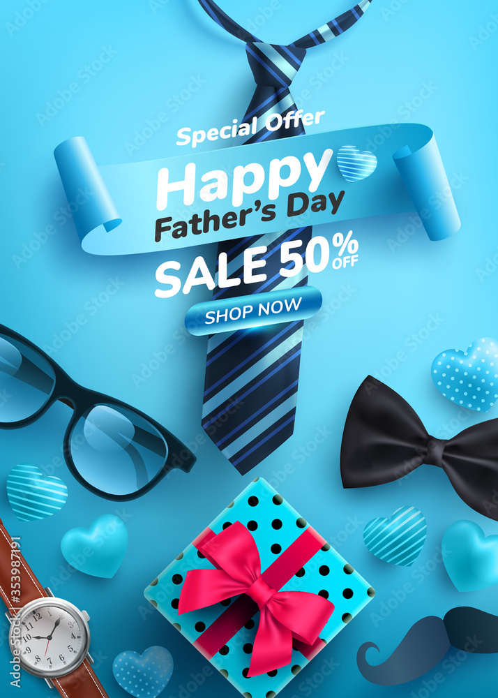 Father's Day Sale poster with flatlay of Glasses,Necktie,Watch and Gifts for dad.Greetings and presents for Father's Day.Promotion and shopping template for love dad concept.Vector illustration eps 10 - obrazy, fototapety, plakaty 