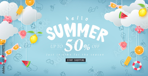 Summer sale design with paper cut summer elements hanging on clouds background.Vector illustration template.