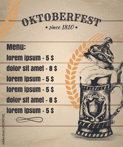 Oktoberfest typographical vintage background with hand drawn beer mug and spica. Vector Template of bar beer menu