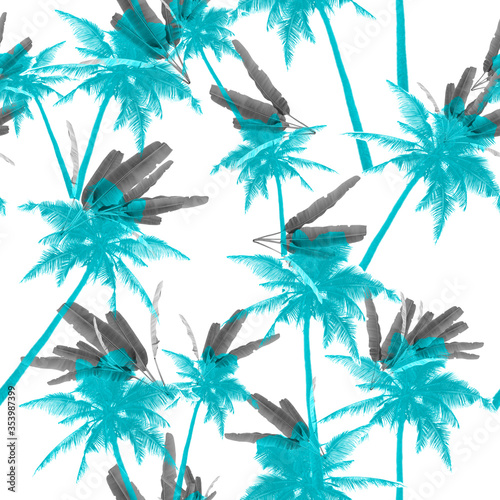 tropical seamless pattern on a white background, photo collage with coconut palms and banana leaves, summer surf print.