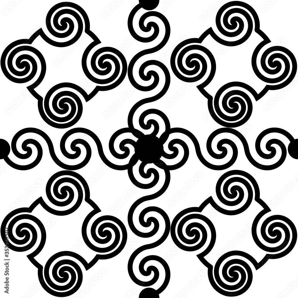 Fototapeta premium a pattern of geometric shapes of squares, circles, lines, waves, and swirls in black and white on a white background