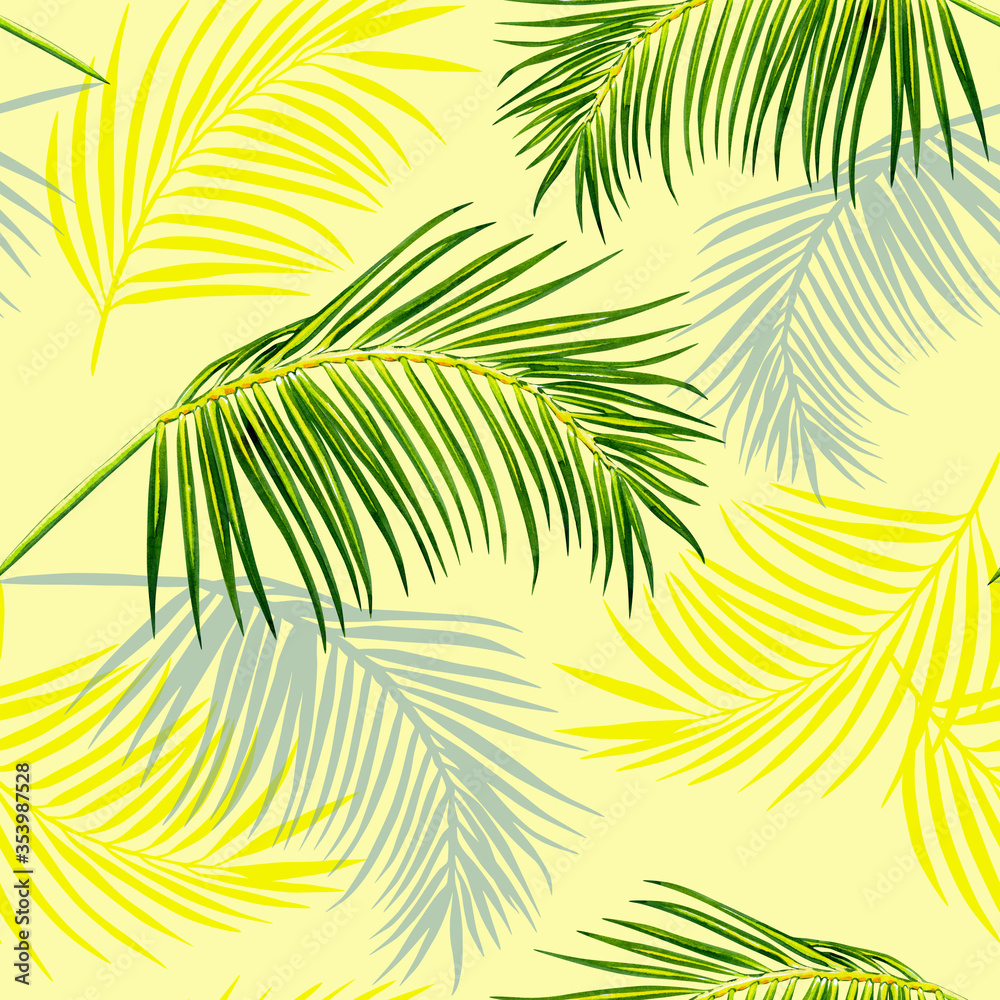 Fototapeta premium Fresh tropical print with coconut palm branches on yellow background, seamless pattern with palm trees.