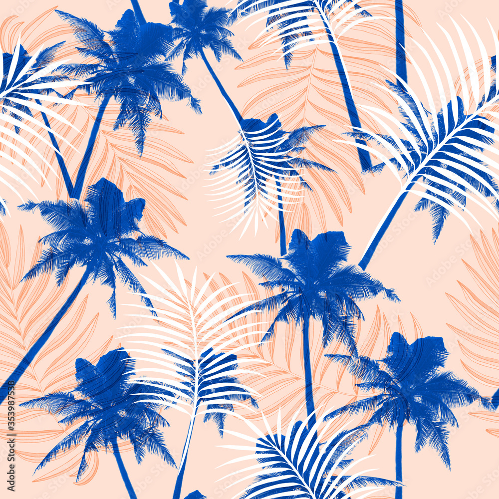 blue palm trees on pastel orange background seamless pattern, tropical summer beach print.