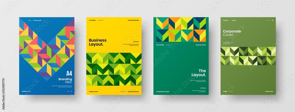 Fototapeta premium Company identity brochure template collection. Business presentation vector A4 vertical orientation front page mock up set. Corporate report cover abstract geometric illustration design layout bundle.