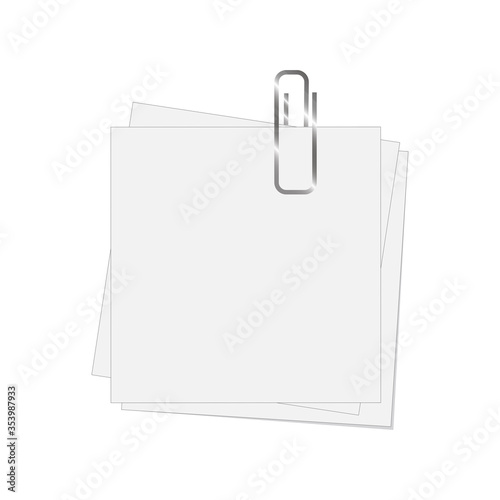 Paper for notes with a paper clip. Vector image of sheets for writing in the office.