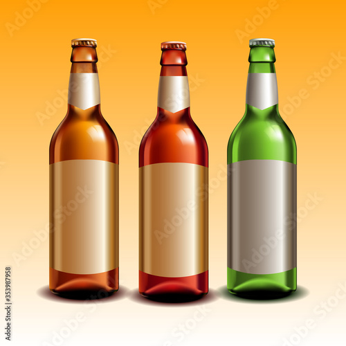 Realistic Green, brown, yellow glass beer bottles with drink isolated on light background. Mock up template for product packing ads. Vector Illustration of colorful beer bottle with empty labels set