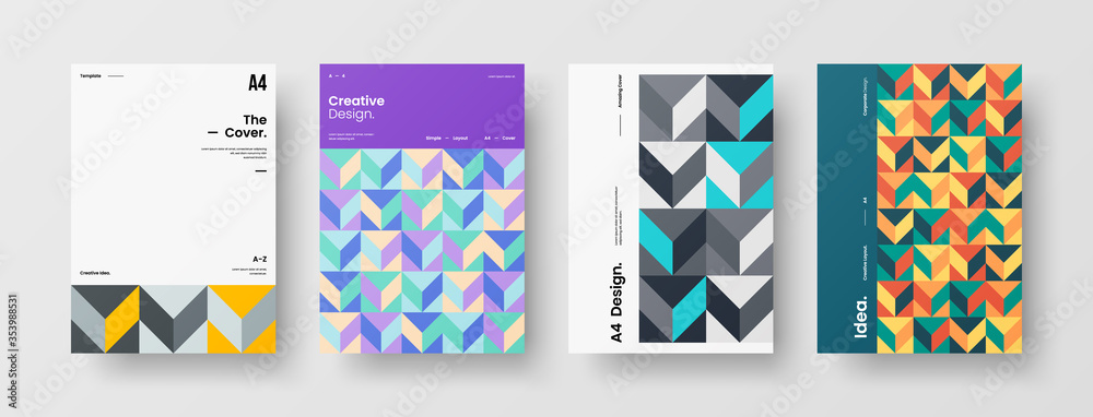 Company identity brochure template collection. Business presentation vector A4 vertical orientation front page mock up set. Corporate report cover abstract geometric illustration design layout bundle.