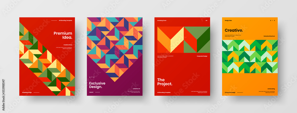 Company identity brochure template collection. Business presentation vector A4 vertical orientation front page mock up set. Corporate report cover abstract geometric illustration design layout bundle.