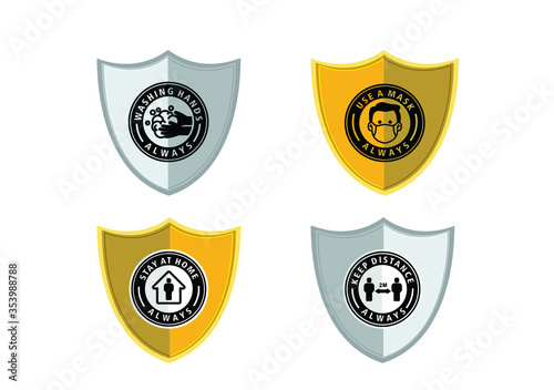 Design vector label, Stay at home, Keep your distance, Washing hands, Wear a mask, Vector label to prevent transmission of Corona virus. A new normal icon, for a new safe and healthy life