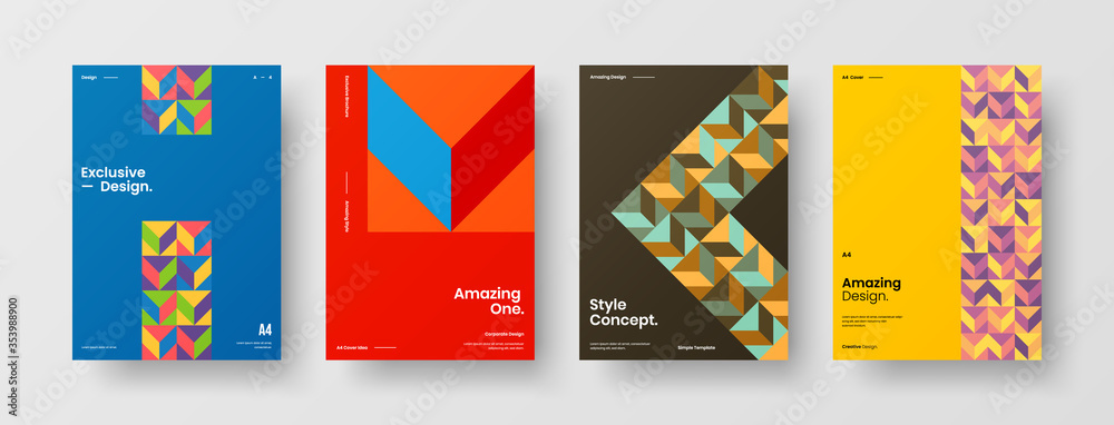 Fototapeta premium Company identity brochure template collection. Business presentation vector A4 vertical orientation front page mock up set. Corporate report cover abstract geometric illustration design layout bundle.