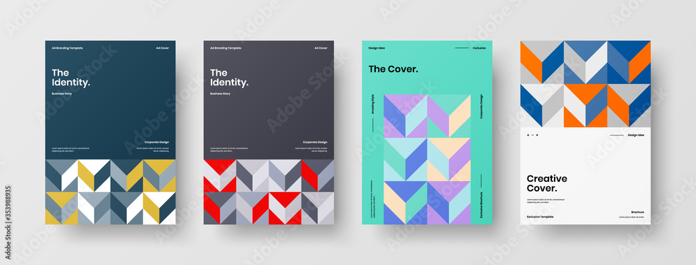 Company identity brochure template collection. Business presentation vector A4 vertical orientation front page mock up set. Corporate report cover abstract geometric illustration design layout bundle.