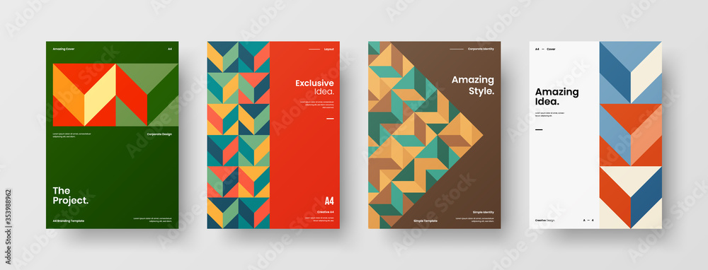 Company identity brochure template collection. Business presentation vector A4 vertical orientation front page mock up set. Corporate report cover abstract geometric illustration design layout bundle. Company identity brochure template collection. Business presentation vector A4 vertical orientation front page mock up set. Corporate report cover abstract geometric illustration design layout bundle.