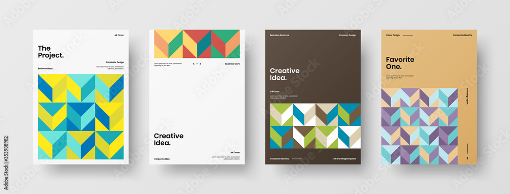Fototapeta premium Company identity brochure template collection. Business presentation vector A4 vertical orientation front page mock up set. Corporate report cover abstract geometric illustration design layout bundle.