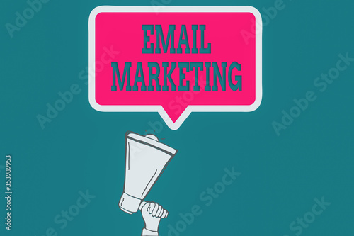 Handwriting text Email Marketing. Conceptual photo attracting potential buyer by communicating through the message Hu analysis Hand Holding Upward Megaphone and Blank Speech Bubble with Border photo