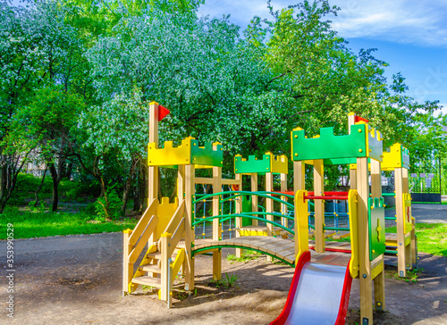 Children s Playground with slides on a summer day.