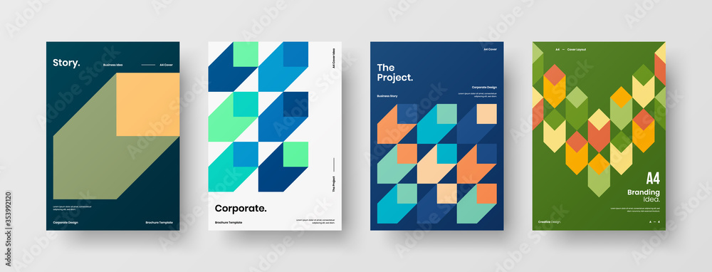 Company identity brochure template collection. Business presentation vector A4 vertical orientation front page mock up set. Corporate report cover abstract geometric illustration design layout bundle.