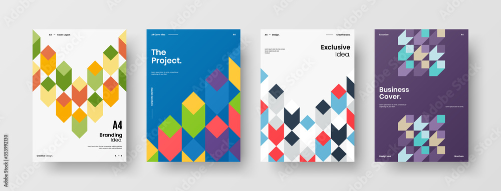 Company identity brochure template collection. Business presentation vector A4 vertical orientation front page mock up set. Corporate report cover abstract geometric illustration design layout bundle.