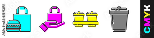 Set Online ordering burger delivery, Online ordering and delivery, Coffee cup to go and Coffee cup to go icon. Vector.