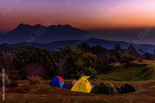 Tourist tent on the hill at San Pa Kia, Doi Mae Ta Man in Chiang Dao, Chiang mai, Thailand.