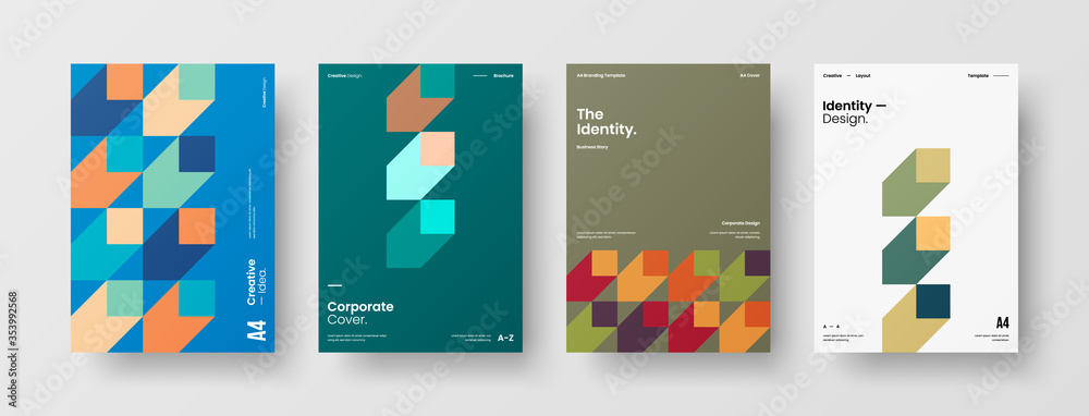 Naklejka premium Company identity brochure template collection. Business presentation vector A4 vertical orientation front page mock up set. Corporate report cover abstract geometric illustration design layout bundle.