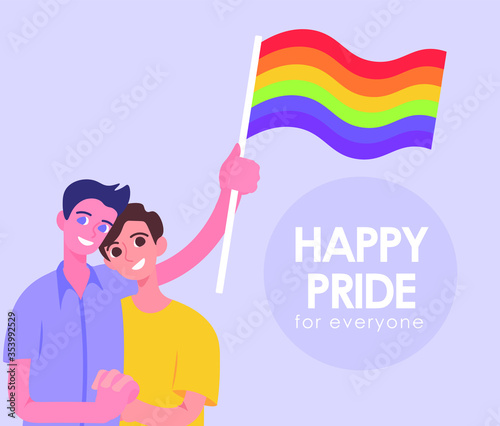 Gay couple holding hands with lgbt-flag. Happy pride for everyone flat vector illustration, banner, poster, card