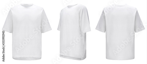 Shirt design and people concept - close up of blank white tshirt front and rear isolated. Mock up template for design print