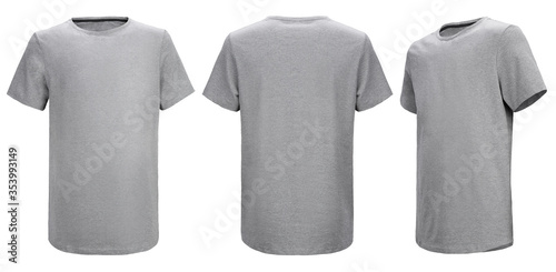 Shirt design and people concept - close up of blank grey t-shirt front and rear isolated. Mock up template for design print
