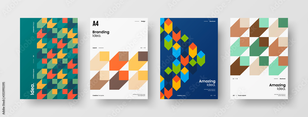 Company identity brochure template collection. Business presentation vector A4 vertical orientation front page mock up set. Corporate report cover abstract geometric illustration design layout bundle.